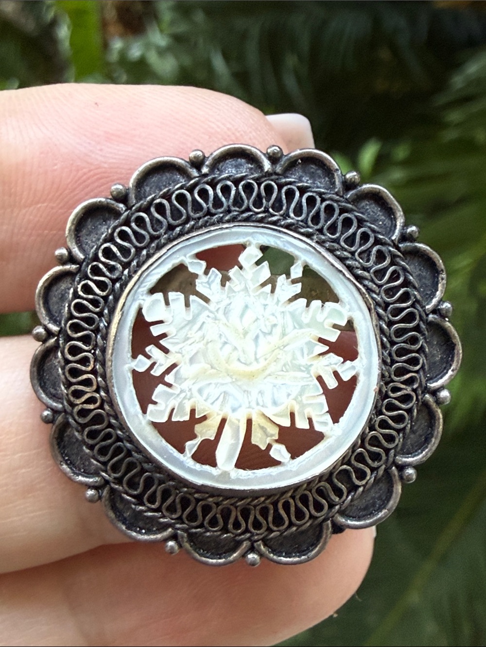 Vintage Stamped Silver Brooch with Hand-Carved Mother of Pearls Floral Center